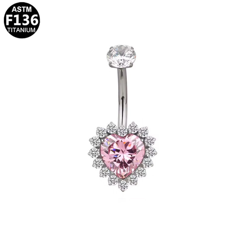 ASTM F136 Titanium 14G Pink Heart Halo CZ Internal Thread Belly Button Ring Hypoallergenic Piercing Jewelry
