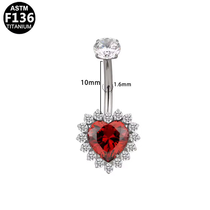 ASTM F136 Titanium 14G Heart Internal Thread Belly Button Ring Radiant Red CZ Halo Hypoallergenic Piercing Jewelry