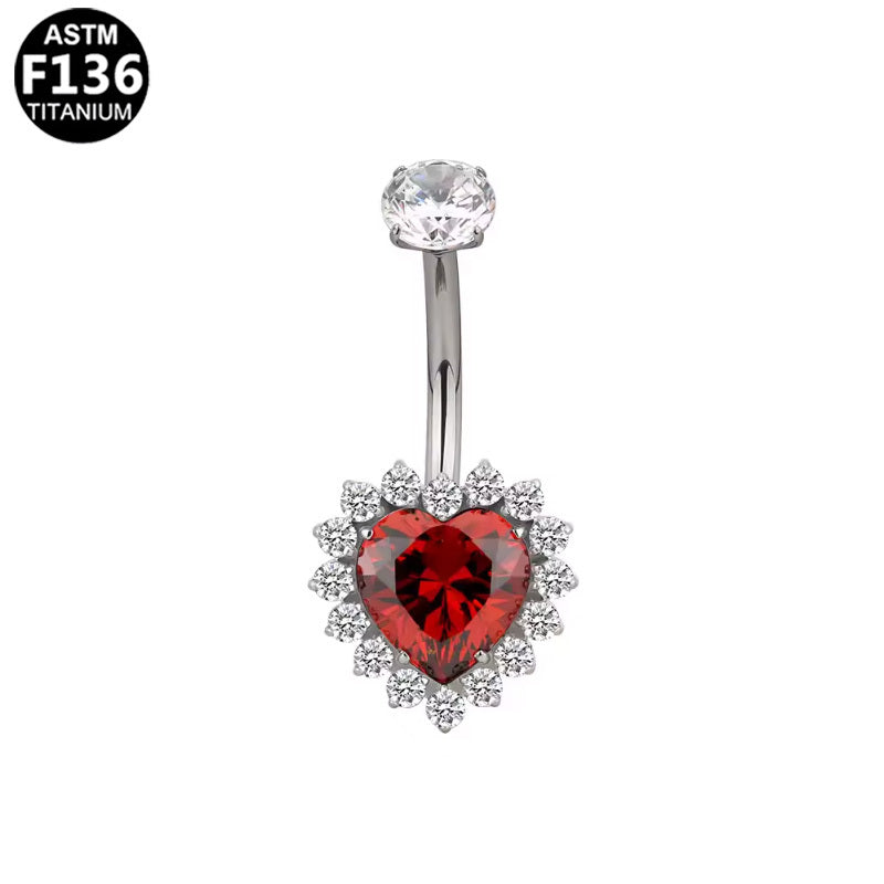 ASTM F136 Titanium 14G Heart Internal Thread Belly Button Ring Radiant Red CZ Halo Hypoallergenic Piercing Jewelry