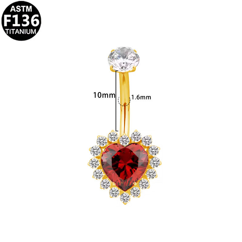ASTM F136 Titanium 14G Heart Internal Thread Belly Button Ring Radiant Red CZ Halo Hypoallergenic Piercing Jewelry