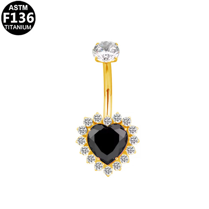 ASTM F136 Titanium 14G Black Heart Internal Thread Belly Button Ring CZ Halo Hypoallergenic Piercing Jewelry
