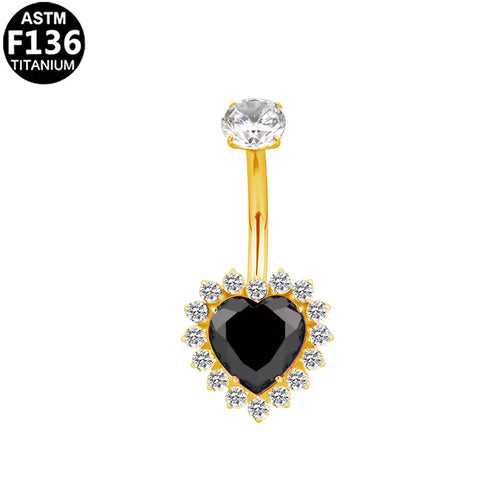 ASTM F136 Titanium 14G Black Heart Internal Thread Belly Button Ring CZ Halo Hypoallergenic Piercing Jewelry