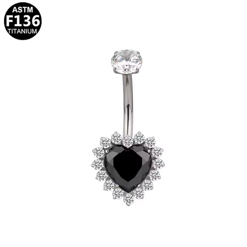 ASTM F136 Titanium 14G Black Heart Internal Thread Belly Button Ring CZ Halo Hypoallergenic Piercing Jewelry