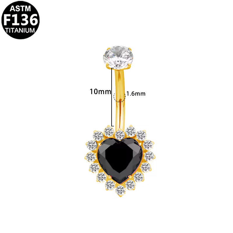 ASTM F136 Titanium 14G Black Heart Internal Thread Belly Button Ring CZ Halo Hypoallergenic Piercing Jewelry