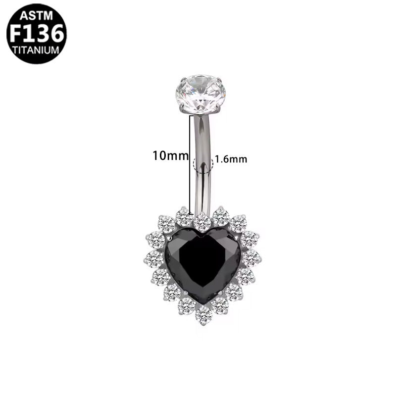 ASTM F136 Titanium 14G Black Heart Internal Thread Belly Button Ring CZ Halo Hypoallergenic Piercing Jewelry