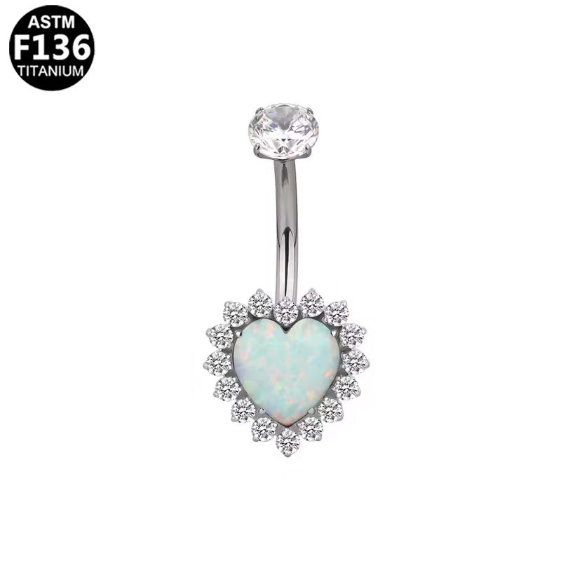ASTM F136 Titanium 16G Heart Internal Thread Belly Button Ring Opal & CZ Halo 14G Hypoallergenic Piercing Jewelry