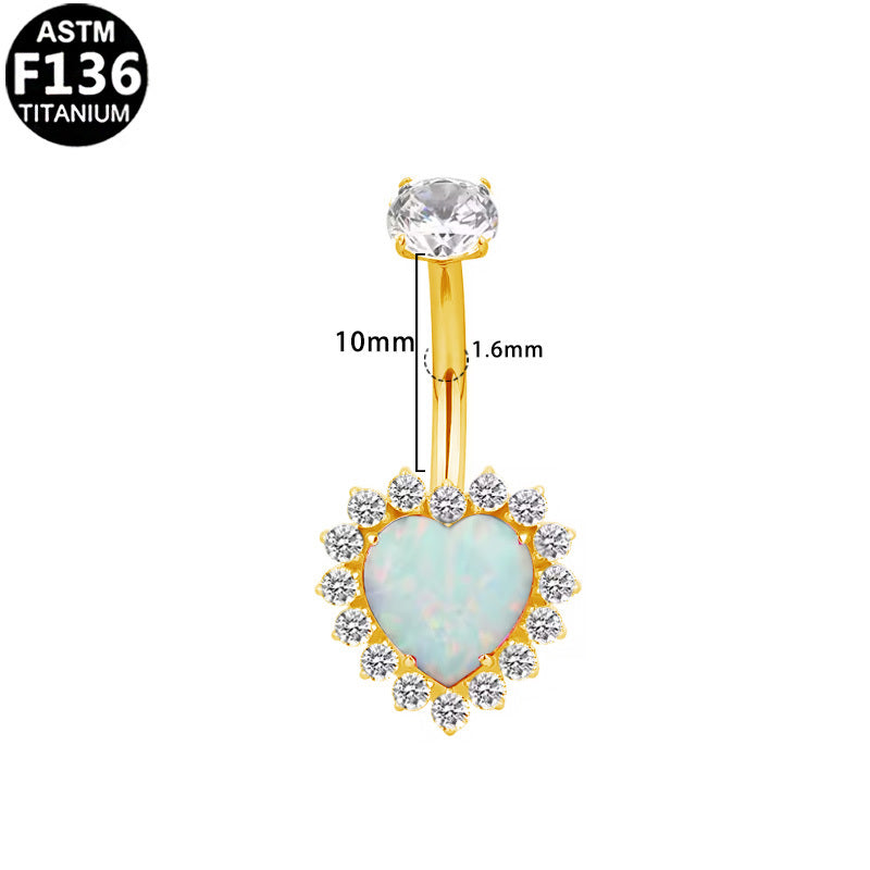ASTM F136 Titanium 16G Heart Internal Thread Belly Button Ring Opal & CZ Halo 14G Hypoallergenic Piercing Jewelry