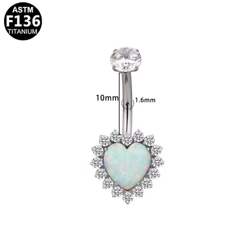 ASTM F136 Titanium 16G Heart Internal Thread Belly Button Ring Opal & CZ Halo 14G Hypoallergenic Piercing Jewelry