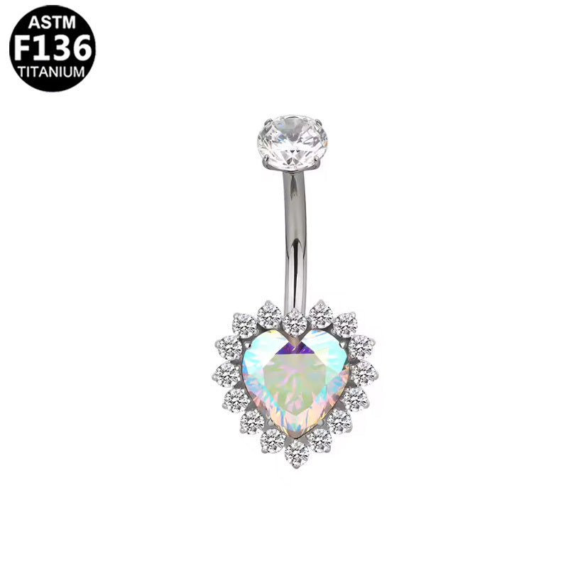 ASTM F136 Titanium 16G Internal Thread Belly Button Ring Heart Iridescent AB Stone Hypoallergenic Piercing Jewelry