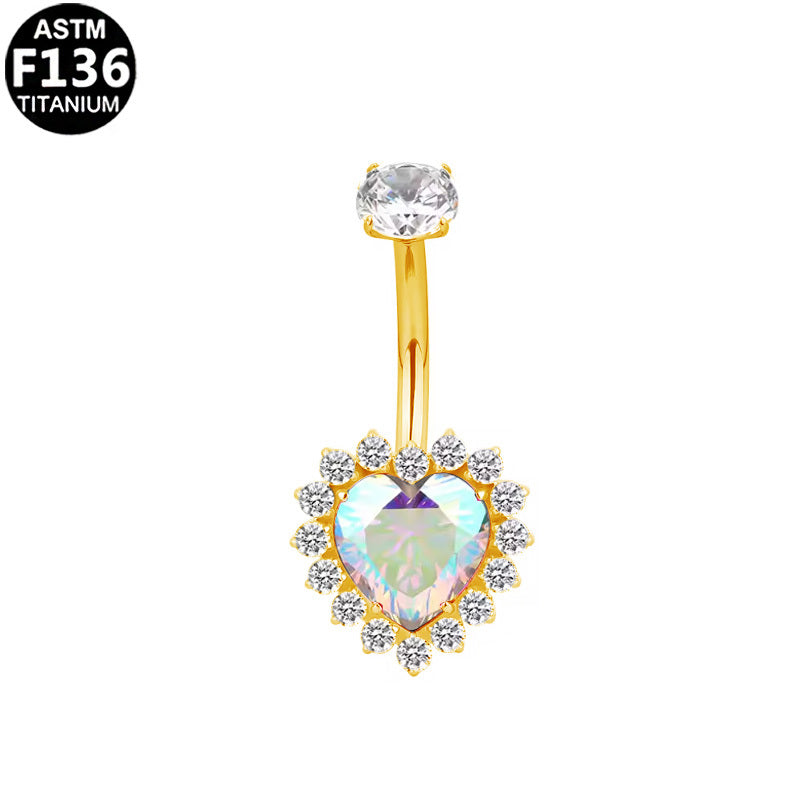 ASTM F136 Titanium 16G Internal Thread Belly Button Ring Heart Iridescent AB Stone Hypoallergenic Piercing Jewelry