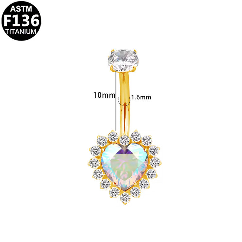 ASTM F136 Titanium 16G Internal Thread Belly Button Ring Heart Iridescent AB Stone Hypoallergenic Piercing Jewelry
