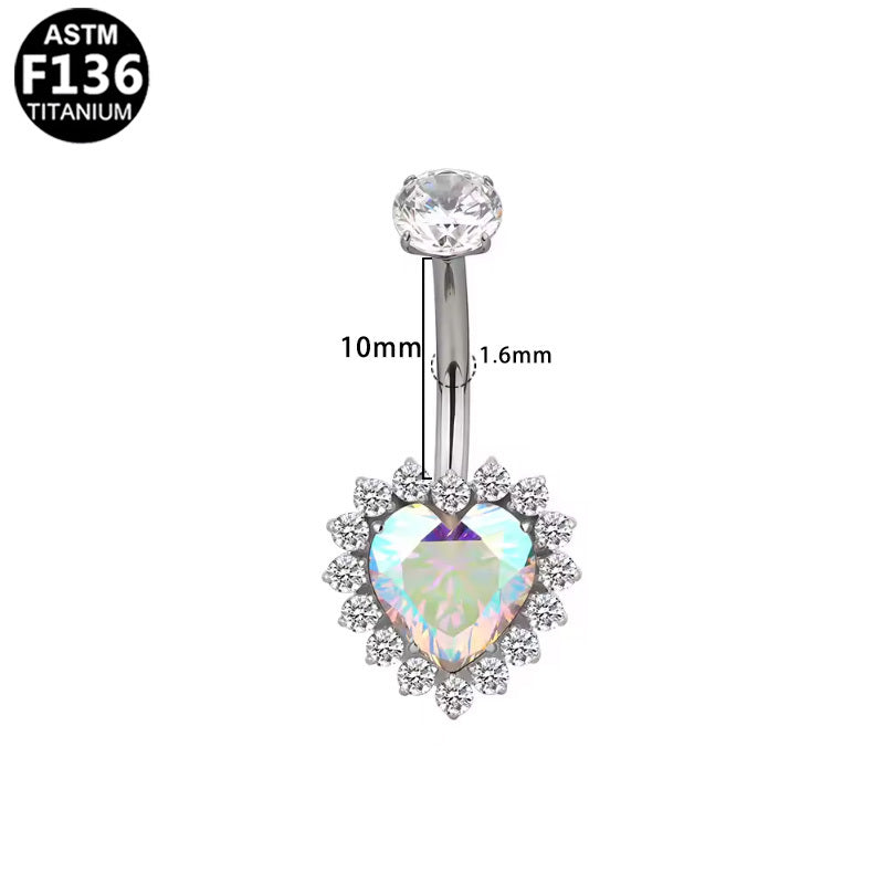 ASTM F136 Titanium 16G Internal Thread Belly Button Ring Heart Iridescent AB Stone Hypoallergenic Piercing Jewelry
