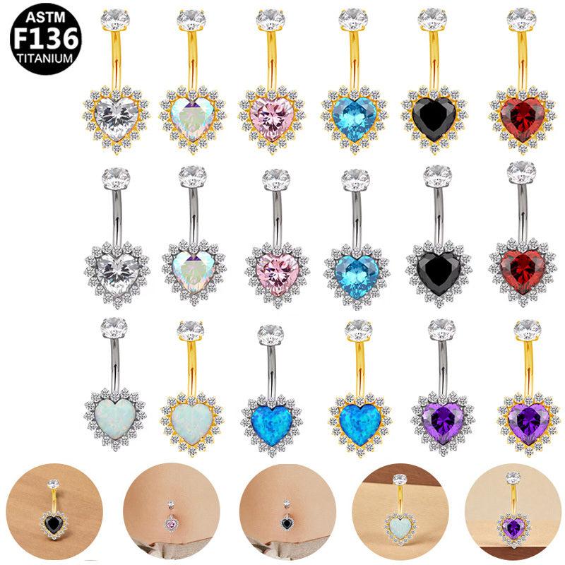 ASTM F136 Titanium 16G Internal Thread Belly Button Ring Heart Iridescent AB Stone Hypoallergenic Piercing Jewelry