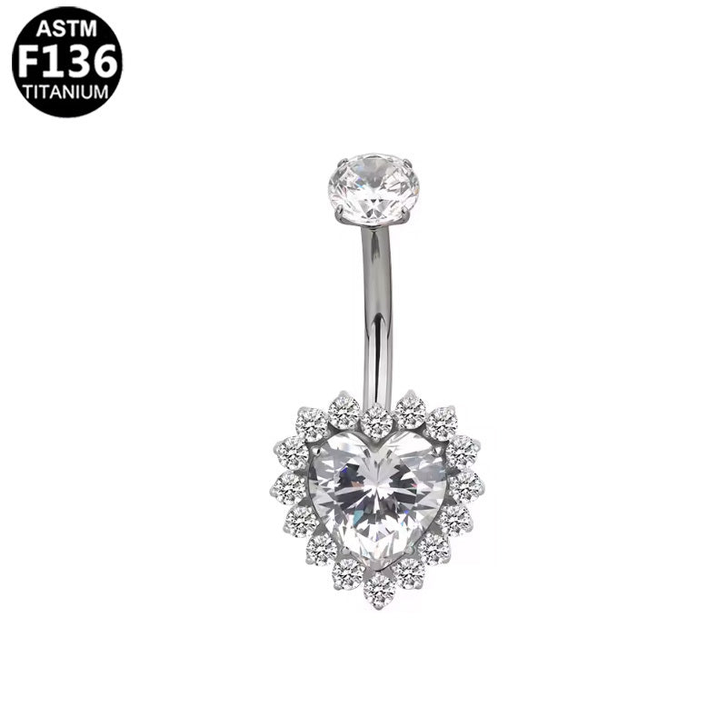 ASTM F136 Titanium 16G Heart CZ Internal Thread Belly Button Ring Brilliant Cut CZ Hypoallergenic Piercing Jewelry