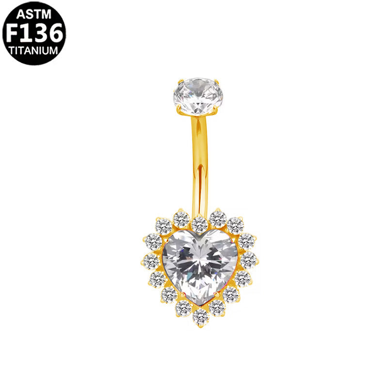 ASTM F136 Titanium 16G Heart CZ Internal Thread Belly Button Ring Brilliant Cut CZ Hypoallergenic Piercing Jewelry