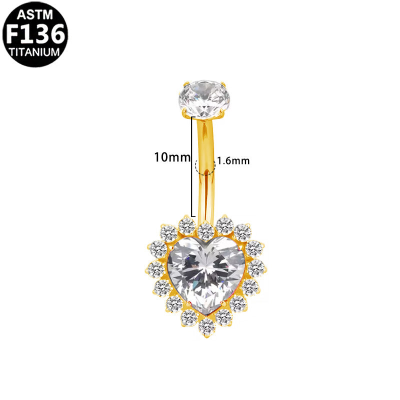 ASTM F136 Titanium 16G Heart CZ Internal Thread Belly Button Ring Brilliant Cut CZ Hypoallergenic Piercing Jewelry