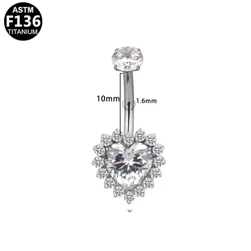 ASTM F136 Titanium 16G Heart CZ Internal Thread Belly Button Ring Brilliant Cut CZ Hypoallergenic Piercing Jewelry