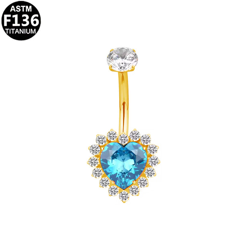 ASTM F136 Titanium 16G Ocean Blue Heart CZ Internal Thread Belly Button Ring with Halo,Hypoallergenic Piercing Jewelry