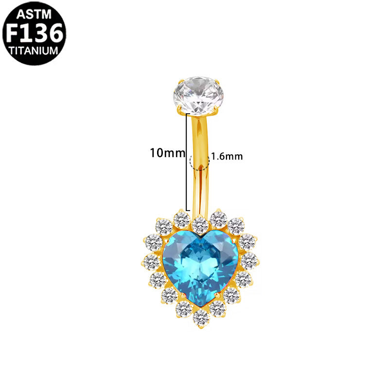 ASTM F136 Titanium 16G Ocean Blue Heart CZ Internal Thread Belly Button Ring with Halo,Hypoallergenic Piercing Jewelry