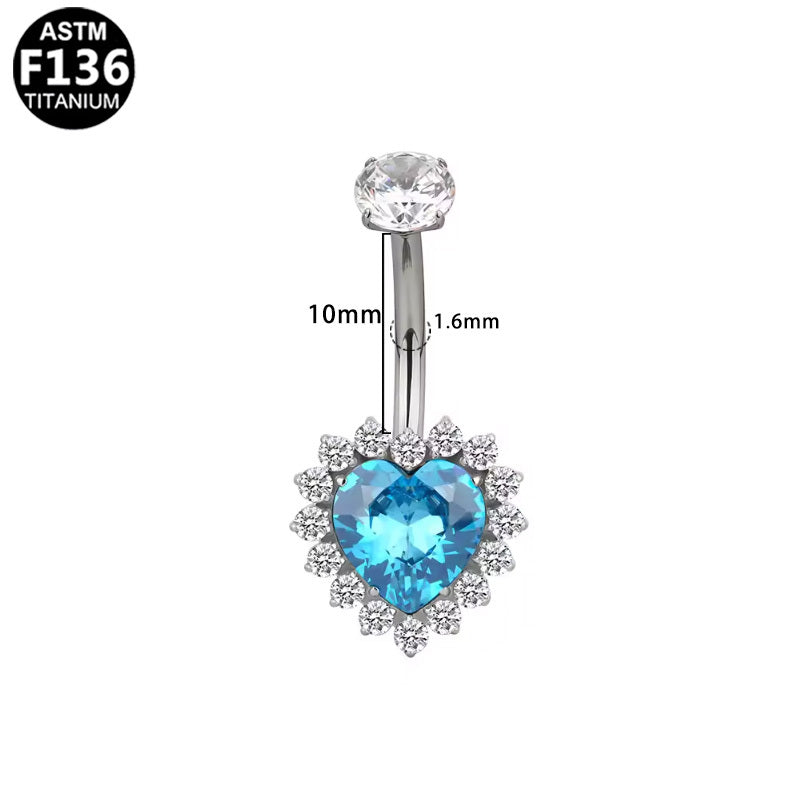 ASTM F136 Titanium 16G Ocean Blue Heart CZ Internal Thread Belly Button Ring with Halo,Hypoallergenic Piercing Jewelry