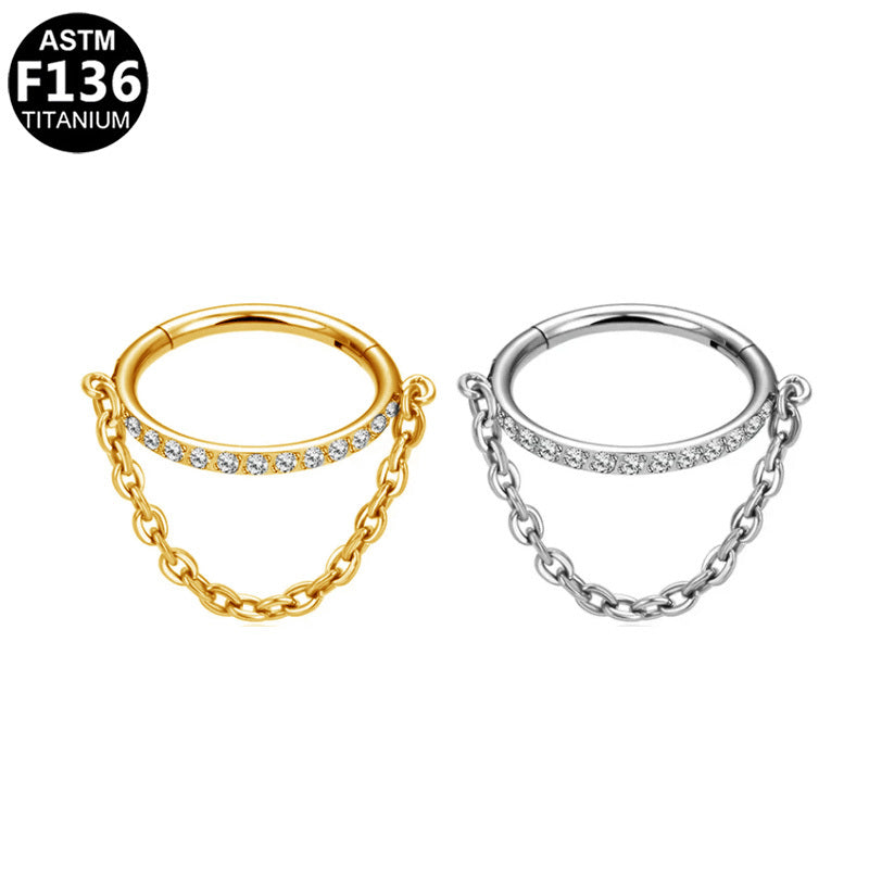 ASTM F136 Titanium 16G CZ Pave Bar & Dangle Chain Helix Conch Hinged Segment Ring Hypoallergenic Piercing Jewelry