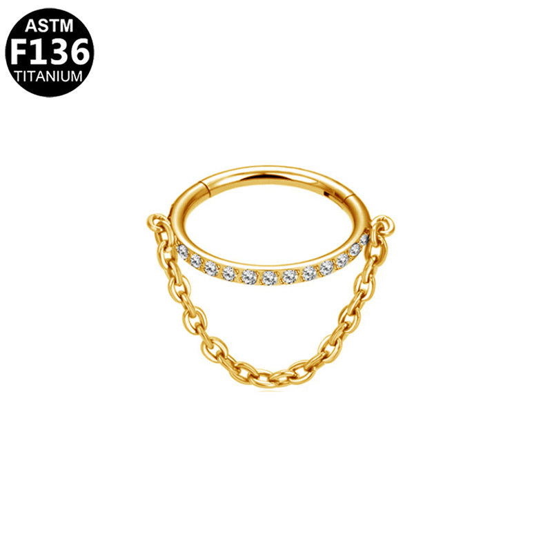 ASTM F136 Titanium 16G CZ Pave Bar & Dangle Chain Helix Conch Hinged Segment Ring Hypoallergenic Piercing Jewelry