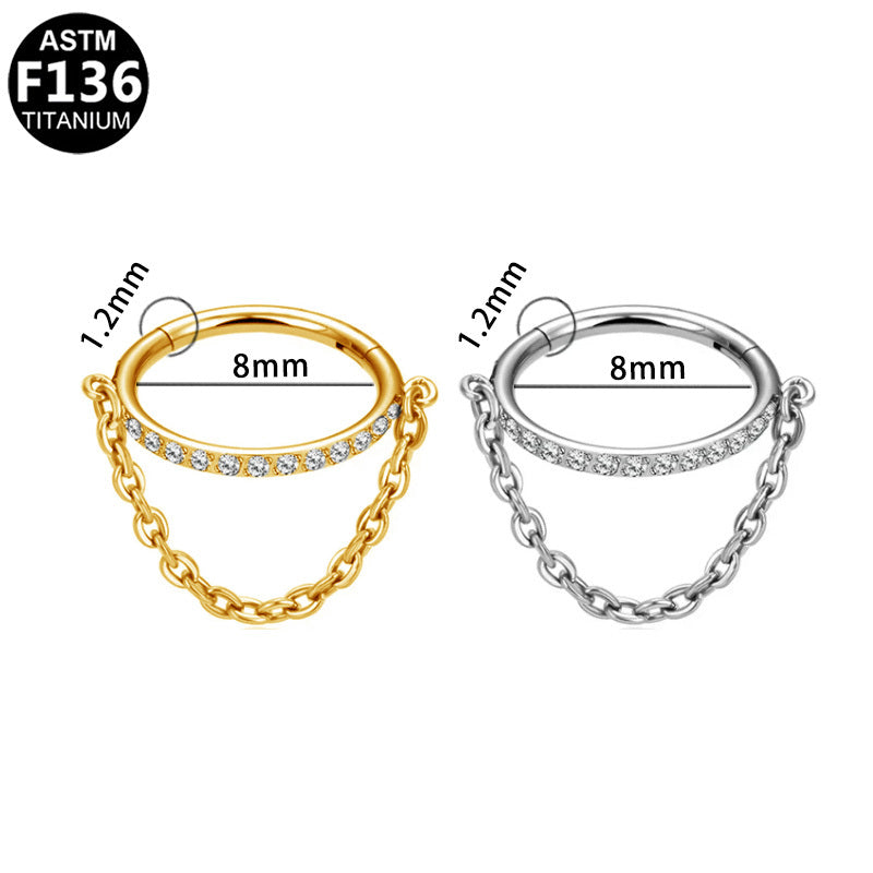 ASTM F136 Titanium 16G CZ Pave Bar & Dangle Chains Helix Conch Cartilage Clicker Ring Hypoallergenic Piercing Jewelry