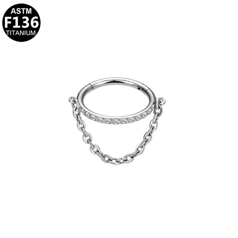ASTM F136 Titanium 16G CZ Pave Bar & Dangle Chains Helix Conch Cartilage Clicker Ring Hypoallergenic Piercing Jewelry