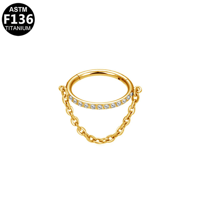 ASTM F136 Titanium 16G CZ Pave Bar & Dangle Chains Helix Conch Cartilage Clicker Ring Hypoallergenic Piercing Jewelry