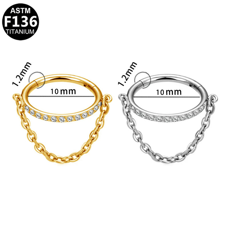 ASTM F136 Titanium 16G CZ Pave Bar & Dangle Chains Helix Conch Cartilage Clicker Ring Hypoallergenic Piercing Jewelry