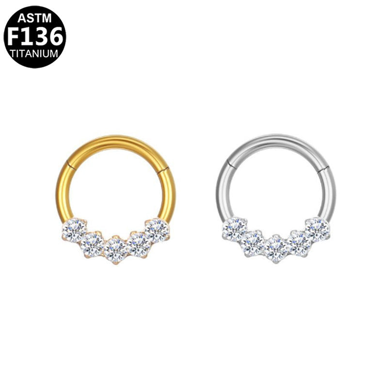 ASTM F136 Titanium 16G 5-Stone CZ Cluster Septum Daith Clicker Hinged Segment Ring Hypoallergenic Piercing Jewelry