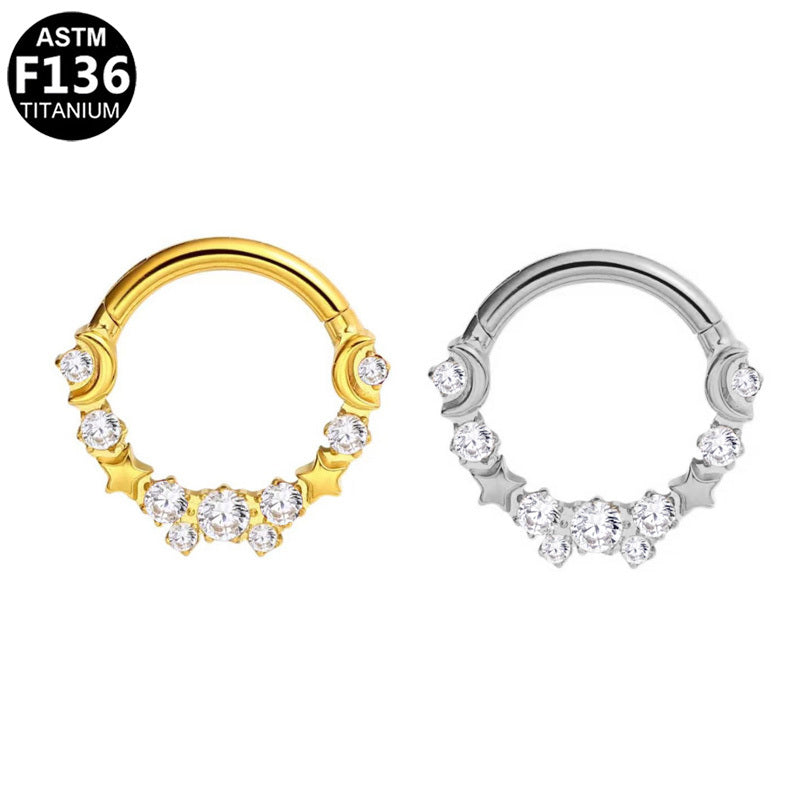 ASTM F136 Titanium 16G  Celestial Moon & Star CZ Cluster Septum Daith Clicker Ring Hypoallergenic Piercing Jewelry