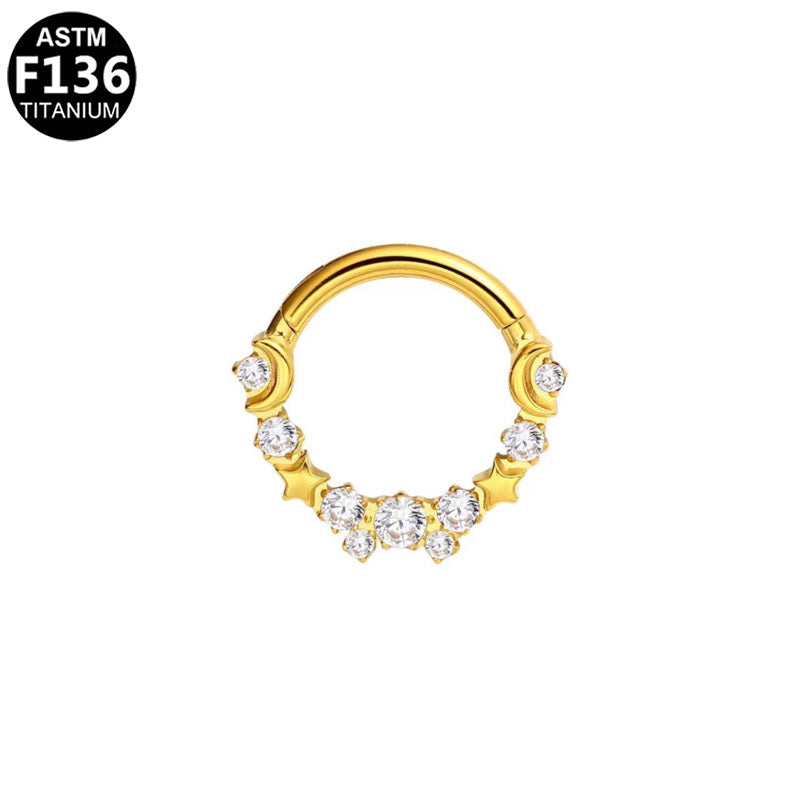 ASTM F136 Titanium 16G  Celestial Moon & Star CZ Cluster Septum Daith Clicker Ring Hypoallergenic Piercing Jewelry