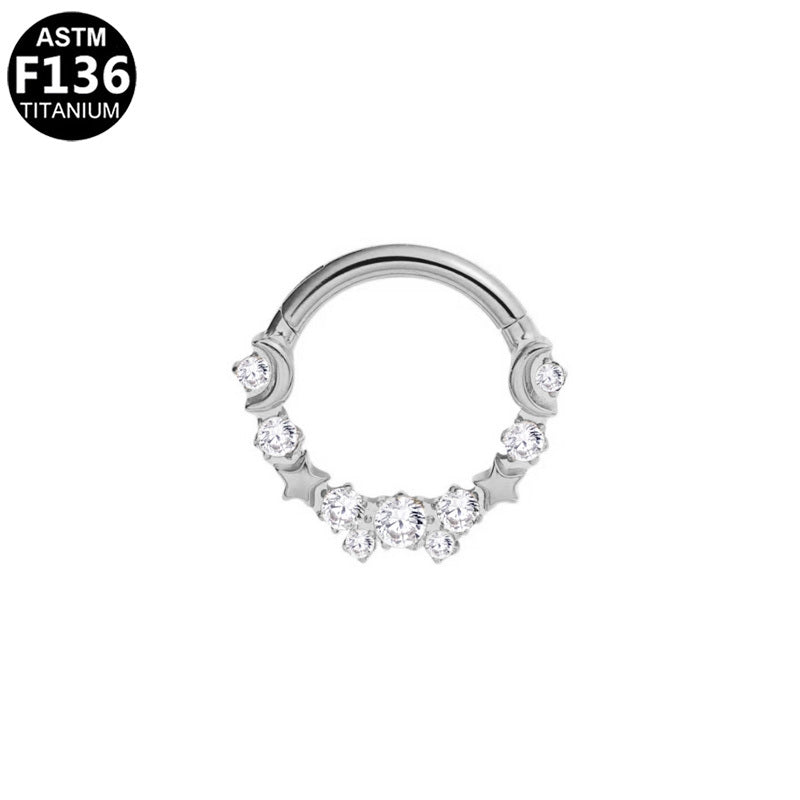 ASTM F136 Titanium 16G  Celestial Moon & Star CZ Cluster Septum Daith Clicker Ring Hypoallergenic Piercing Jewelry