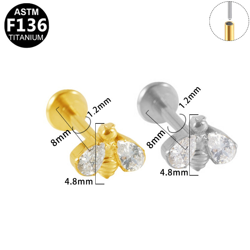 ASTM F136 Titanium 16G Bee CZ Threadless Labret 16G 8mm Cartilage Tragus Hypoallergenic Piercing Jewelry
