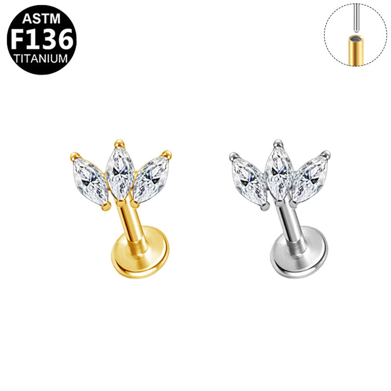 ASTM F136 Titanium 16G Triple Marquise CZ Threadless Labret 16G/18G 8mm Cartilage Tragus Hypoallergenic Piercing Jewelry