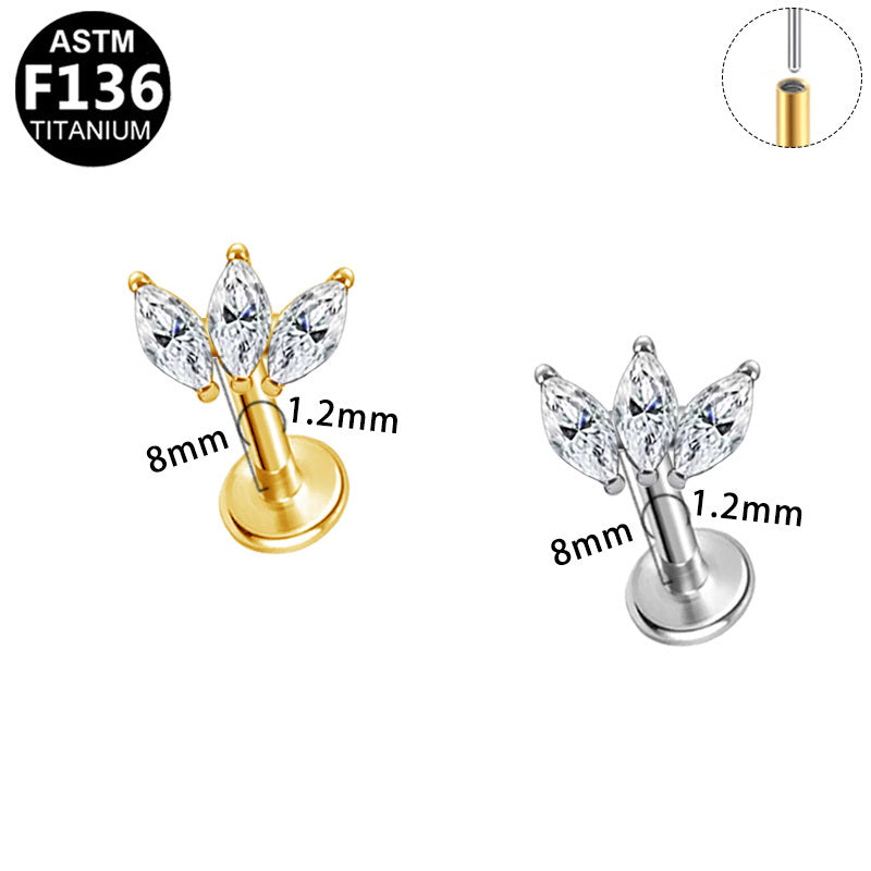 ASTM F136 Titanium 16G Triple Marquise CZ Threadless Labret 16G/18G 8mm Cartilage Tragus Hypoallergenic Piercing Jewelry