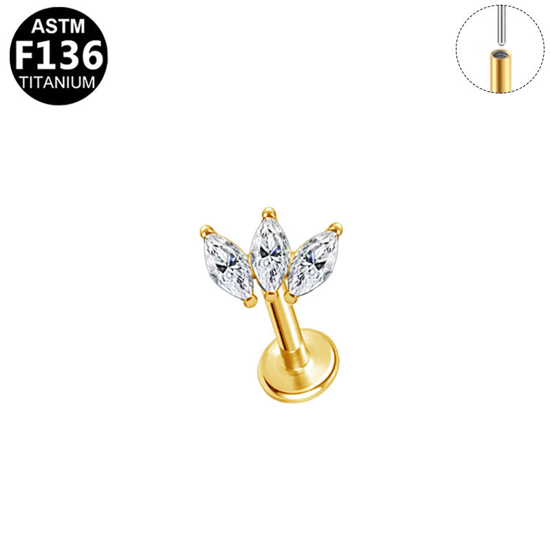 ASTM F136 Titanium 16G Triple Marquise CZ Threadless Labret 16G/18G 8mm Cartilage Tragus Hypoallergenic Piercing Jewelry