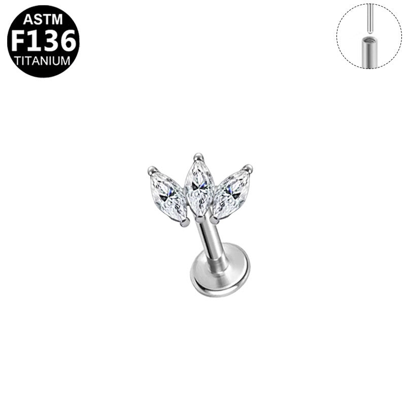 ASTM F136 Titanium 16G Triple Marquise CZ Threadless Labret 16G/18G 8mm Cartilage Tragus Hypoallergenic Piercing Jewelry
