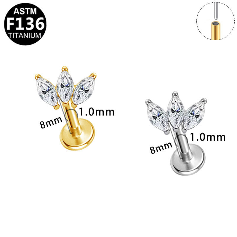 ASTM F136 Titanium 16G Triple Marquise CZ Threadless Labret 16G/18G 8mm Cartilage Tragus Hypoallergenic Piercing Jewelry