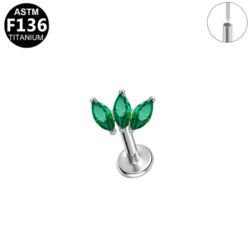 ASTM F136 Titanium 16G Triple Marquise Green CZ Threadless Labret 16G/18G 8mm Cartilage Tragus Hypoallergenic Piercing Jewelry