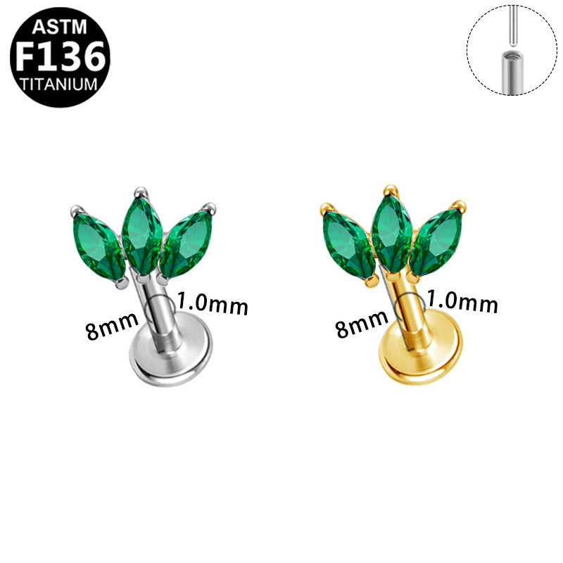 ASTM F136 Titanium 16G Triple Marquise Green CZ Threadless Labret 16G/18G 8mm Cartilage Tragus Hypoallergenic Piercing Jewelry