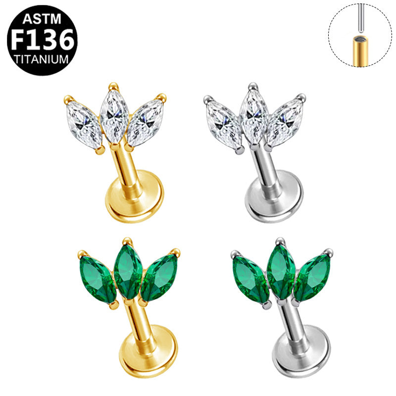 ASTM F136 Titanium 16G Triple Marquise Green CZ Threadless Labret 16G/18G 8mm Cartilage Tragus Hypoallergenic Piercing Jewelry