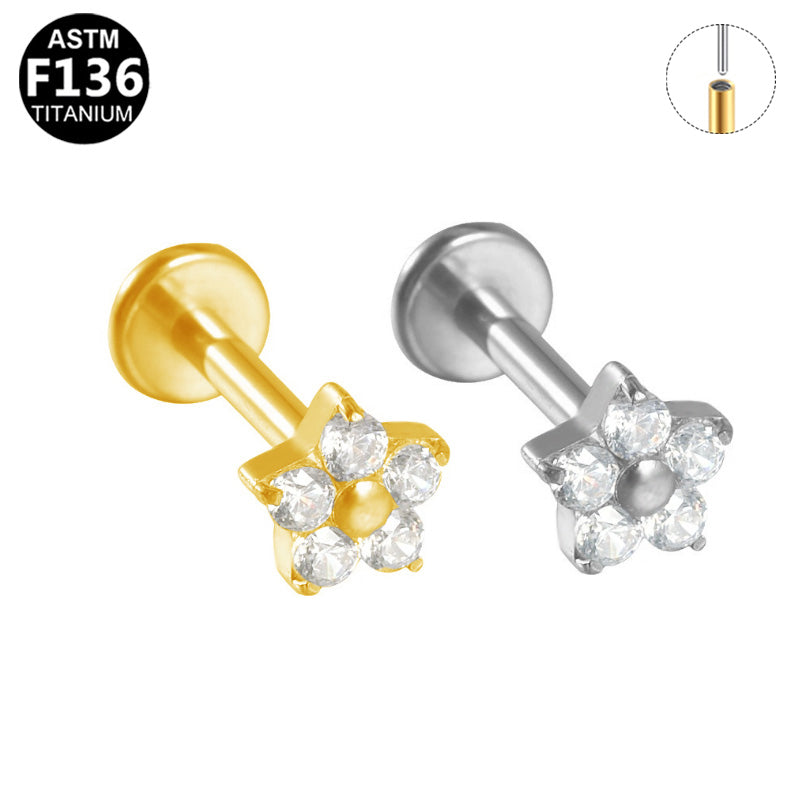 ASTM F136 Titanium 16G Flower CZ Threadless Labret 16G 8mm Cartilage Tragus Hypoallergenic Piercing Jewelry