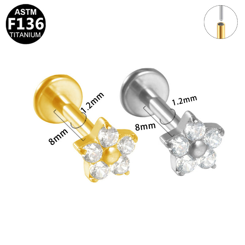 ASTM F136 Titanium 16G Flower CZ Threadless Labret 16G 8mm Cartilage Tragus Hypoallergenic Piercing Jewelry