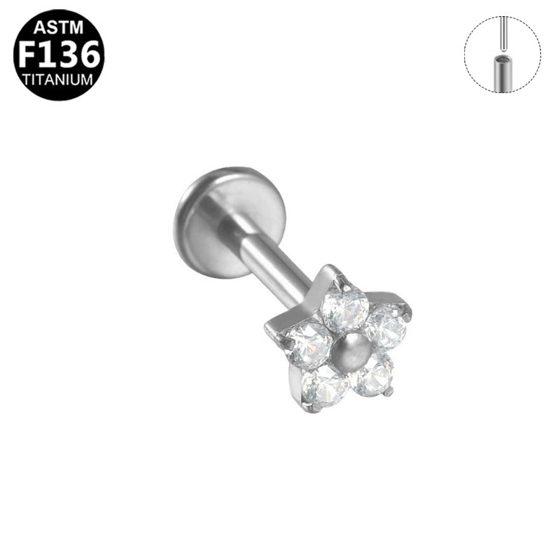 ASTM F136 Titanium 16G Flower CZ Threadless Labret 16G 8mm Cartilage Tragus Hypoallergenic Piercing Jewelry
