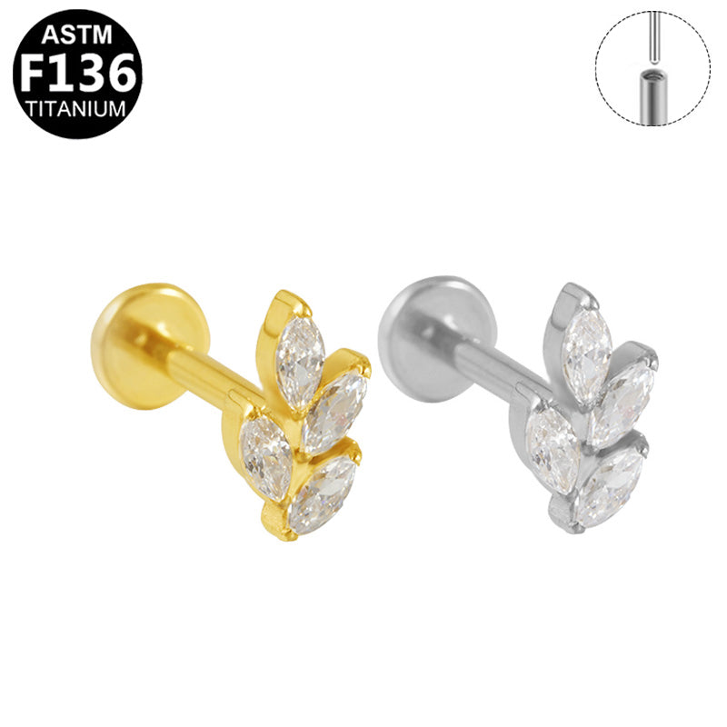 ASTM F136 Titanium 16G 4 Marquise CZ Leaf Threadless Labret Cartilage Tragus Ear Hypoallergenic Piercing Jewelry