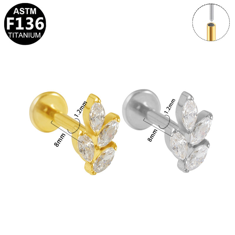 ASTM F136 Titanium 16G 4 Marquise CZ Leaf Threadless Labret Cartilage Tragus Ear Hypoallergenic Piercing Jewelry