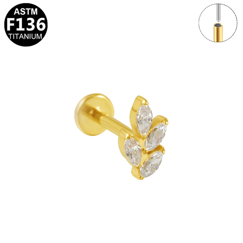 ASTM F136 Titanium 16G 4 Marquise CZ Leaf Threadless Labret Cartilage Tragus Ear Hypoallergenic Piercing Jewelry