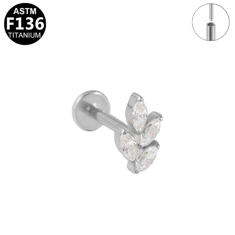 ASTM F136 Titanium 16G 4 Marquise CZ Leaf Threadless Labret Cartilage Tragus Ear Hypoallergenic Piercing Jewelry